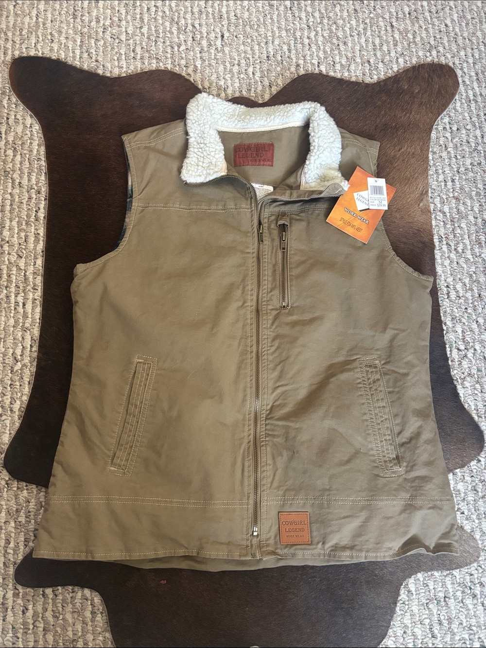 Cowgirl Legend Wear Olive Canvas Vest with Teal Plaid Lining Medium